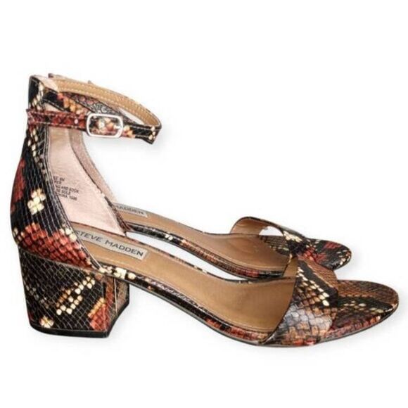 STEVE MADDEN IRENEE BROWN & BLACK SNAKE PRINT BLOCK HEEL ANKLE STRAP SANDAL SZ.8 - Picture 1 of 8